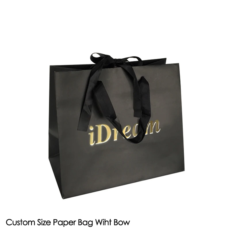 

2019 China well made customized ribbon handle stand up black paper bag with logo printing
