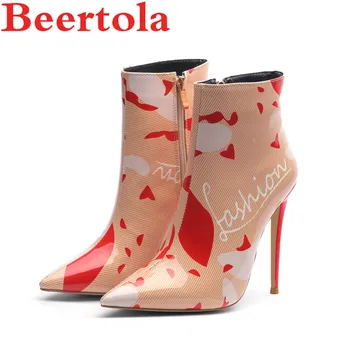 

New Big Size Women's Ankle Boots Patent Leather Pointed Toe Zip Botas Mujer Colorful Stripes Mixed Color High Heels Boots Women