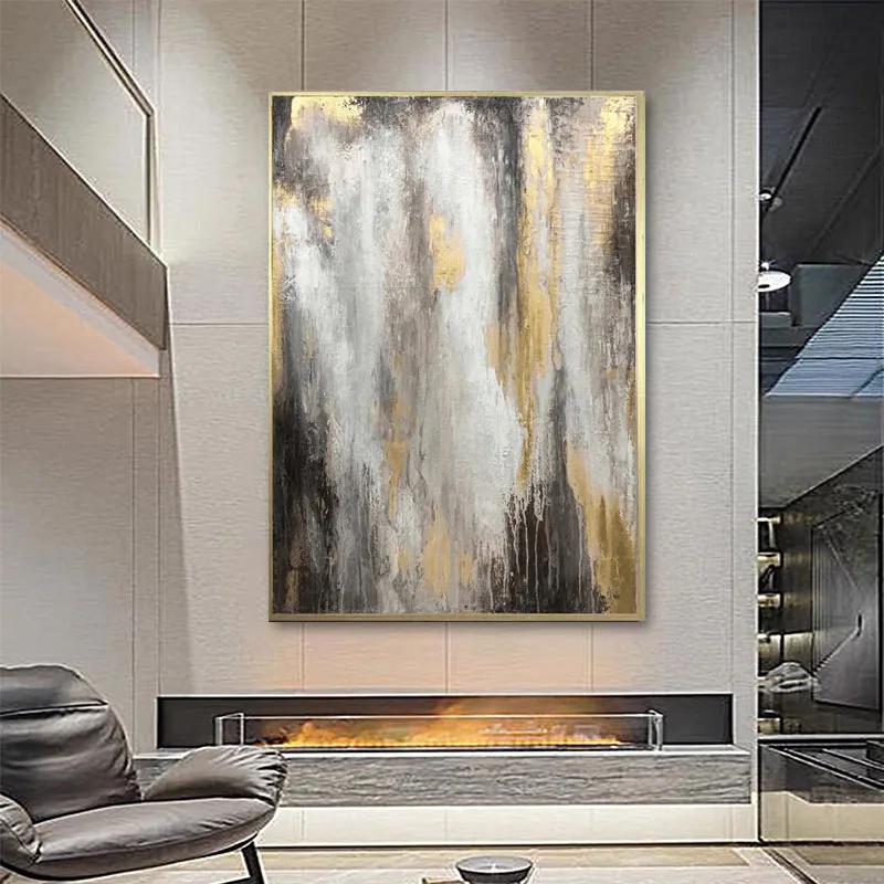 

Modern Abstract Art Gray Gold Canvas Painting Abstract Handmade Wall Art Picture for Living Room Bedroom Home Decor Unframed