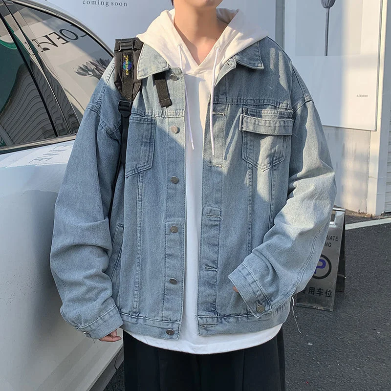 Men Jacket Denim Work Coat Solid Color 
