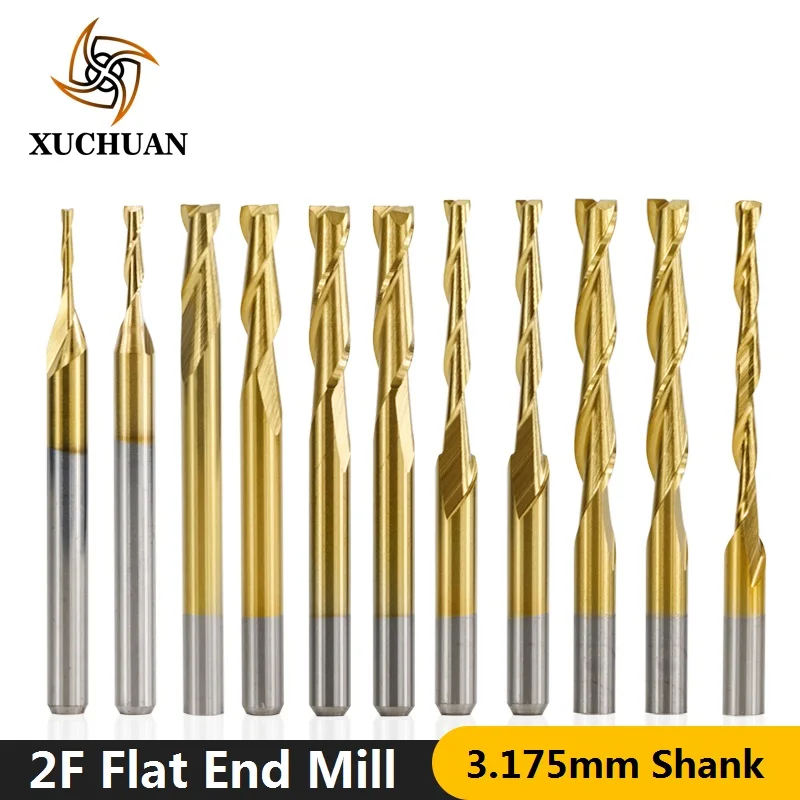 

10pcs Flat Milling Cutter TiN Coating CNC Router Bit 2 Flutes Spiral Carbide End Mill PCB Wood Engraving Bit 3.175mm Shank