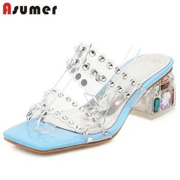 

ASUMER 2020 big size 33-48 women slipper pvc transparent crystal square high heel summer slipper fashion casual shoes ladies
