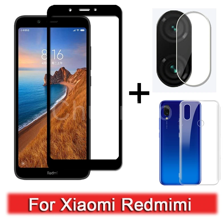 3 в 1 чехол Защитное стекло для Xiaomi Redmi 6/7 7A/8 8A/Mi A2 Lite защита экрана объектив камеры 6