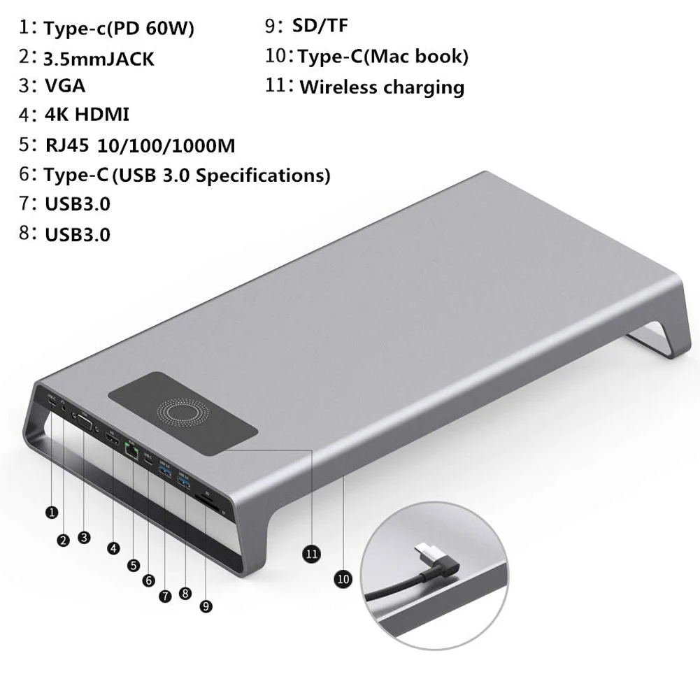 Алюминиевый монитор Стенд док-станция с USB C концентратор Поддержка 4K HDMI VGA TF карта беспроводной зарядки LFX-ING
