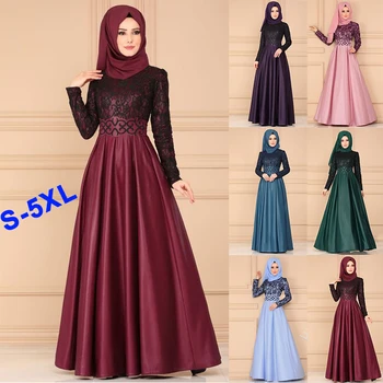 

Plus Size islam Muslim Abaya Women Lace Vintage Maxi Dresses Kaftan Dubai Arab Islamic Clothing large swing long dress S-5XL
