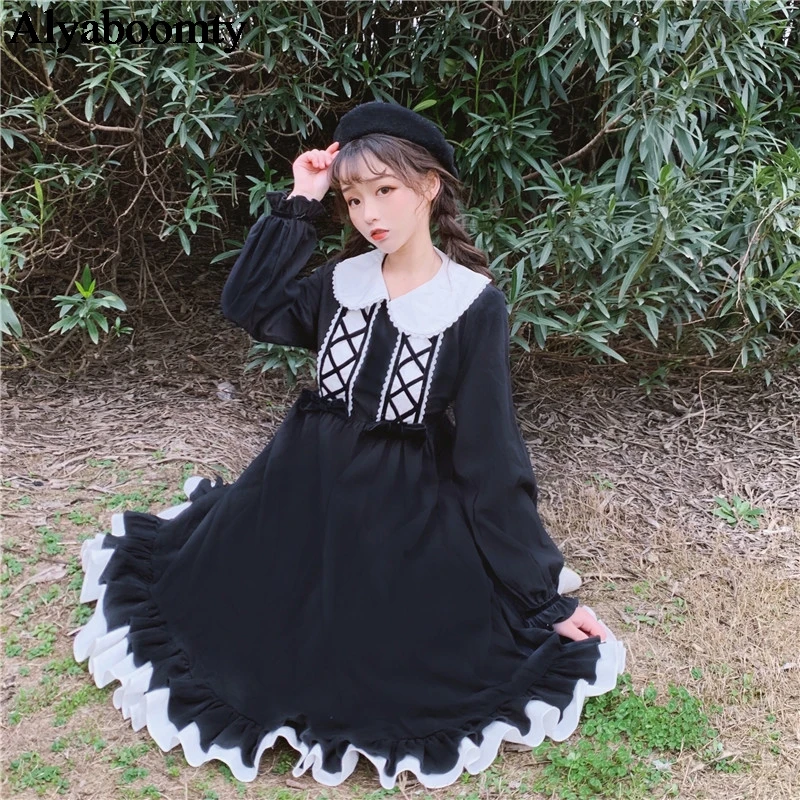

New Japanese Harajuku Autumn Spring Women Midi Dress Peter Pan Collar Gothic Punk Cosplay Dress Cute Kawaii Ruffles Lolita Dress
