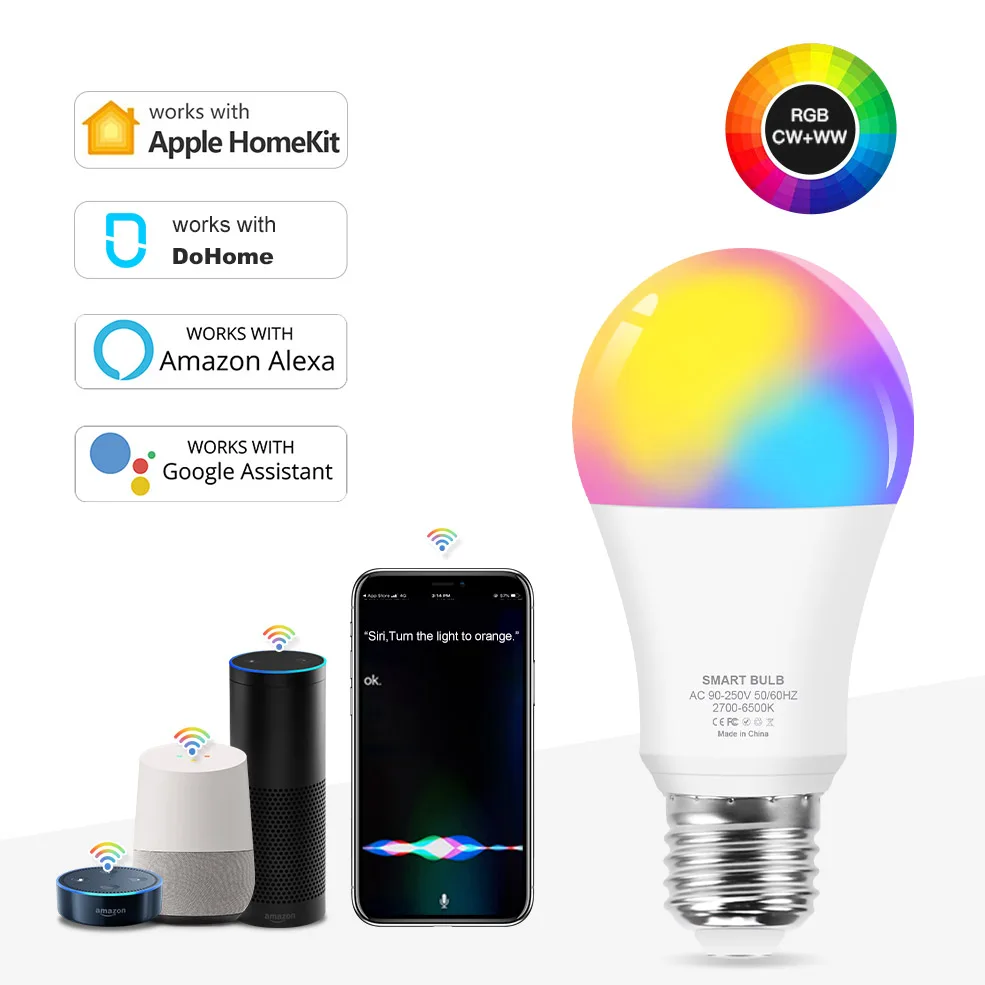 Умсветильник RGB-лампа с регулируемой яркостью 12 Вт Е27 Wi-Fi 110 В 220 переменного тока |