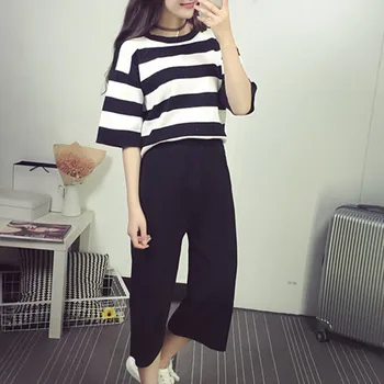 

Summer 2PCS Sets Women Striped Casual T-shirt + Loose Wide Leg Pants