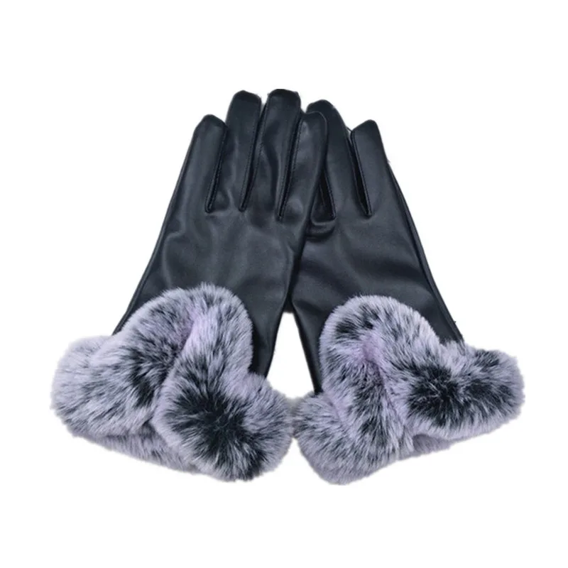 

Sparsil Women Winter Imitation Rabbit Touch Screen Gloves Full Finger Plus Velvet Warm Pu Leather Gloves Female Girls Mittens