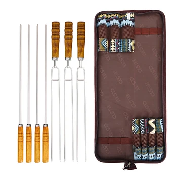 

7pcs Stainless Steel Barbecue Needle Kitchen Tools BBQ Grilling Wood Handle Skewers Rack BBQ Needle Kit