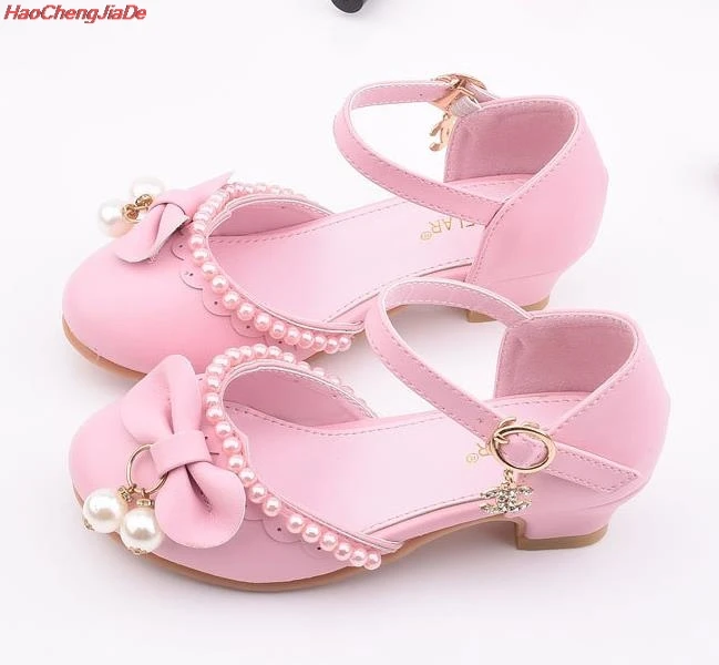 Модные детские модельные туфли для девочек; туфли принцессы с жемчугом; блестящие вечерние туфли на высоком каблуке для танцев; Размеры 26-37; для школьниц