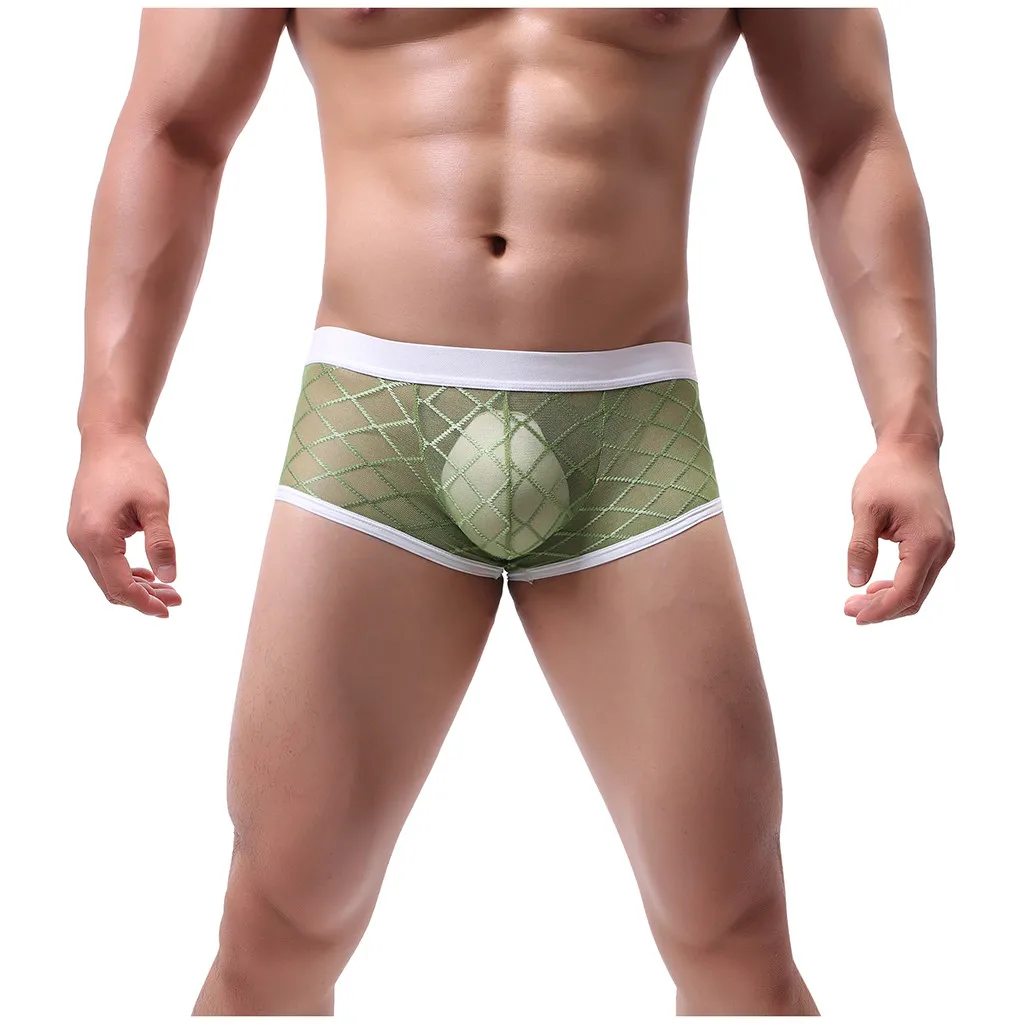 Men lingerie New High-Profile Low-Waist Sexy Underwear Rhombus Solid color Mesh Perspective boxer underpants секс sexoshop