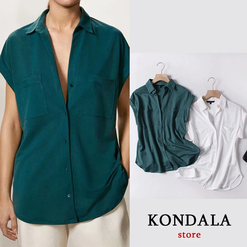 

Women Oversize T-shirt single button packet Tees za 2020 sleeveless white green tops loose street wear shirts