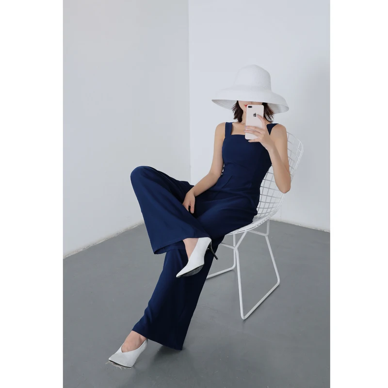 

Retro Women Wide Leg Long Jumpsuit 2019 Summer Office Work Wear Overalls Red Blue Black Causal Rompers Macacao Feminino