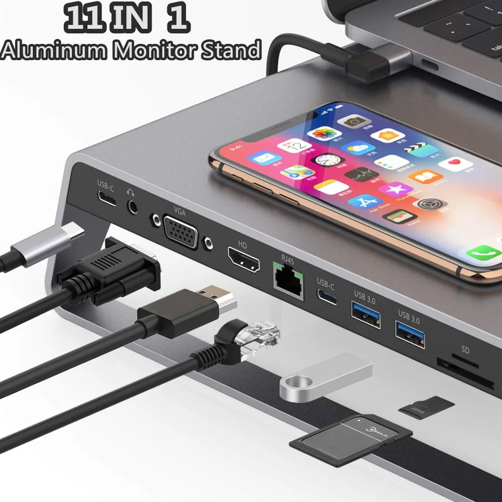 

2019 Aluminum Monitor Stand Docking Station with USB C Hub Support 4K HDMI VGA TF Card Wireless Charge S888