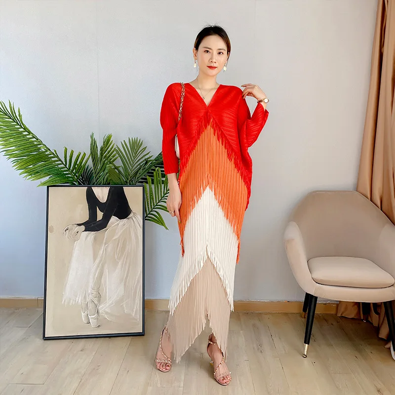 TIANPEI Pleated Tassel Dress 2022 Spring Autumn Bat Sleeve Loose Plus Size Long Designer Fashion Elegant Aesthetic Clothes | Женская