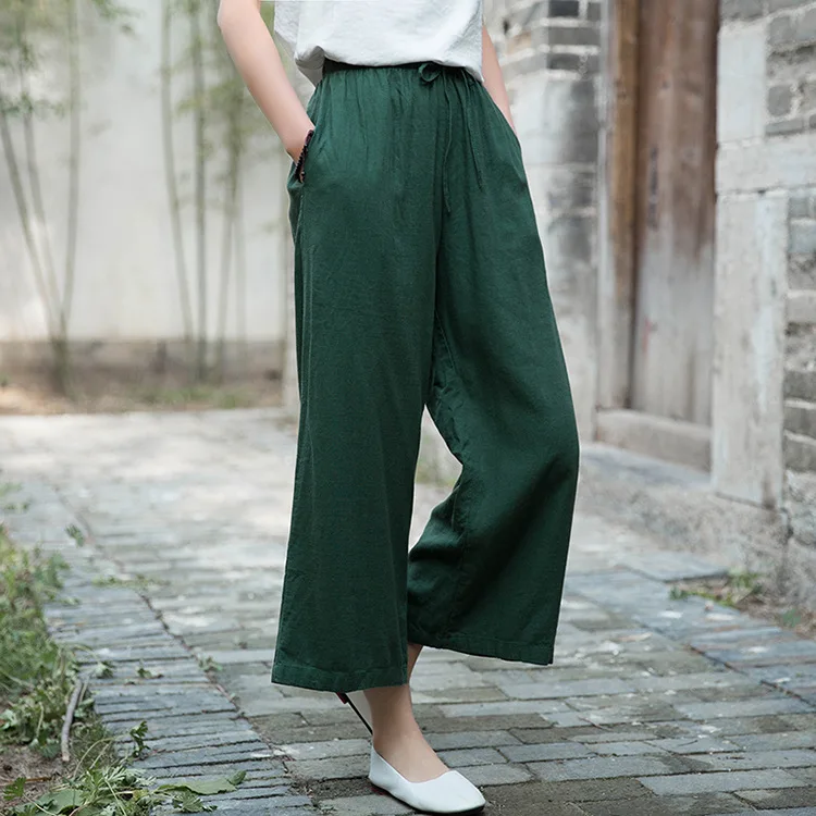 Johnature 2020 Autumn Women New Retro Elastic Waist Cotton Linen Lace Up Wide Leg Pants Loose Casual All-match Ankle-length Pant