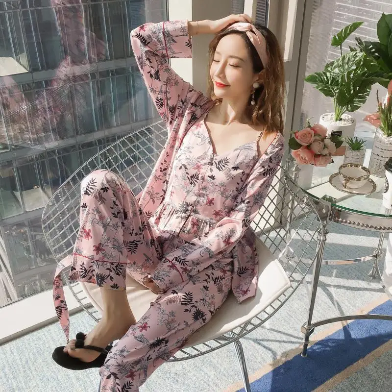 

New Style Spring Summer Japanese Style Imitated Silk Pajamas Women's Two-Piece Set-Korean-style Ice Silk Long Sleeve Tracksuit