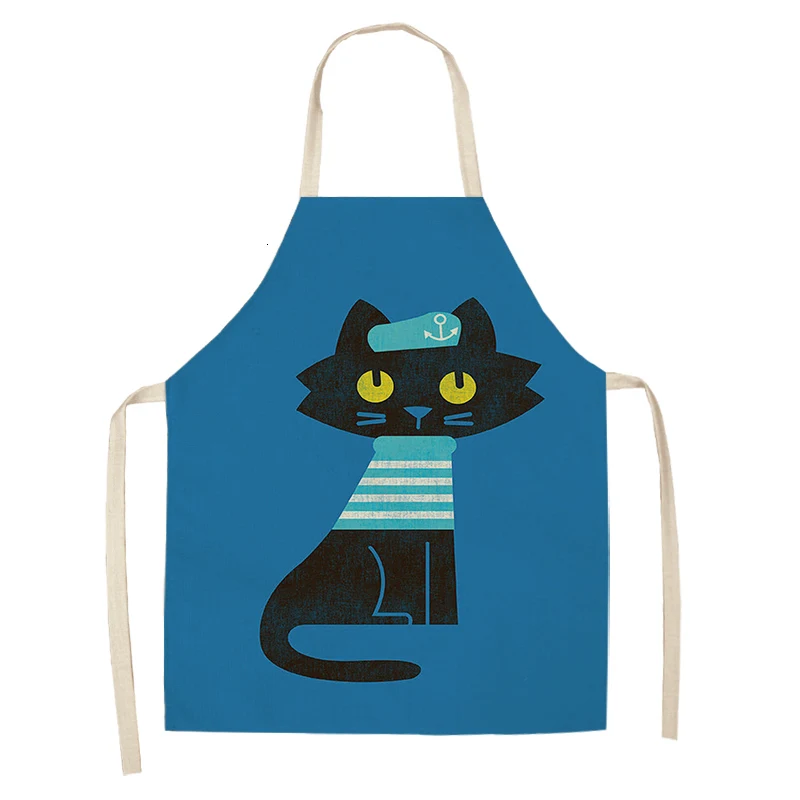 Kitchen Apron for Woman Cute Cartoon Cat Printed Sleeveless Cotton Linen Aprons For Cooking Home Cleaning Tools 53*65cm A1008 - Цвет: L