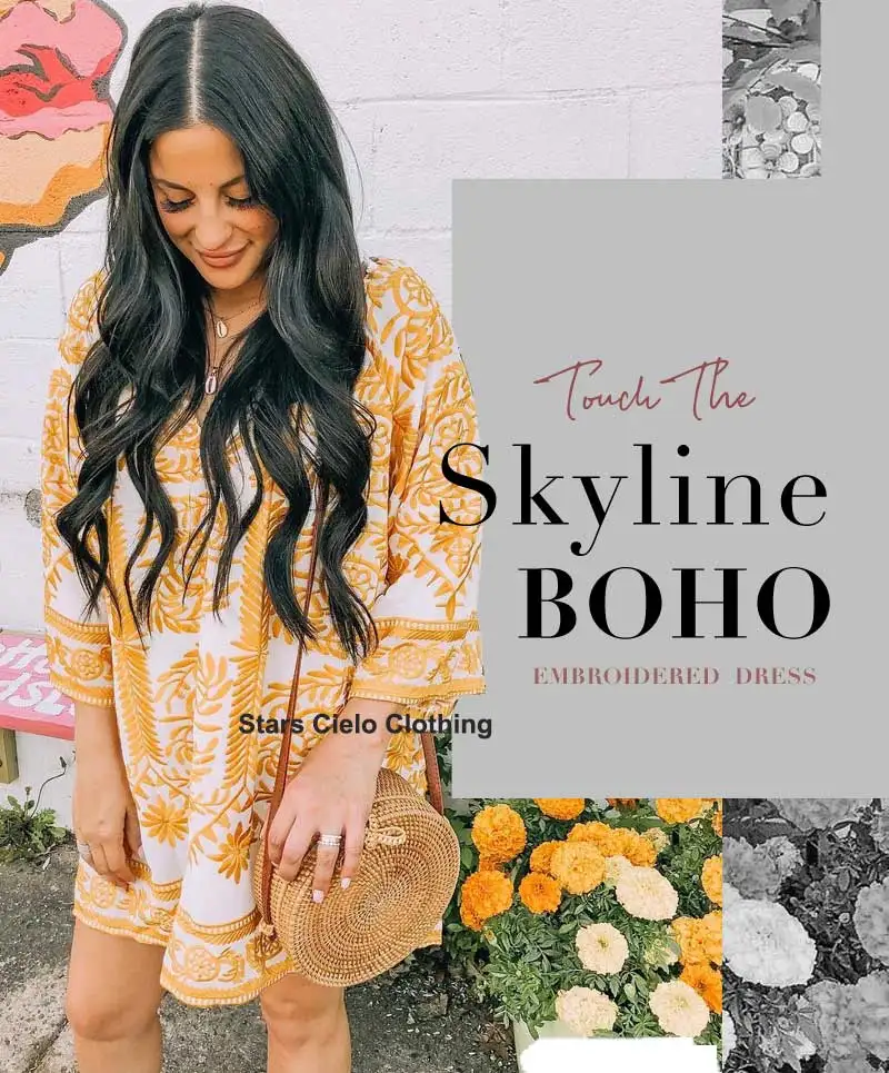 Boho Embroidered Dress in Yellow 3/4 flare sleeve mini summer dress V-neck holiday chic ukraine women dress tassle gypsy vestido