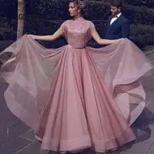 Элегантное ТРАПЕЦИЕВИДНОЕ лиловое длинное Тюлевое вечернее платье с бисером и блестками, верхняя часть с высоким вырезом, вечерние платья в арабском стиле