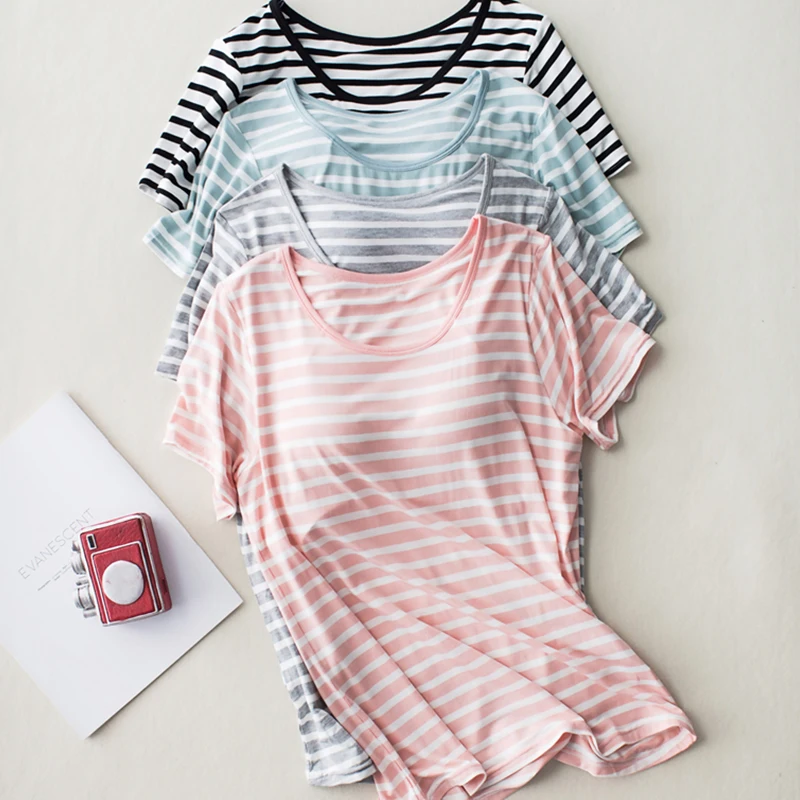 Built In Bra Sleep Shirts Women Loose fit Short Sleeve Striped Modal Sleep Wear Summer Padded Bra Breathable Lounge Lingerie
