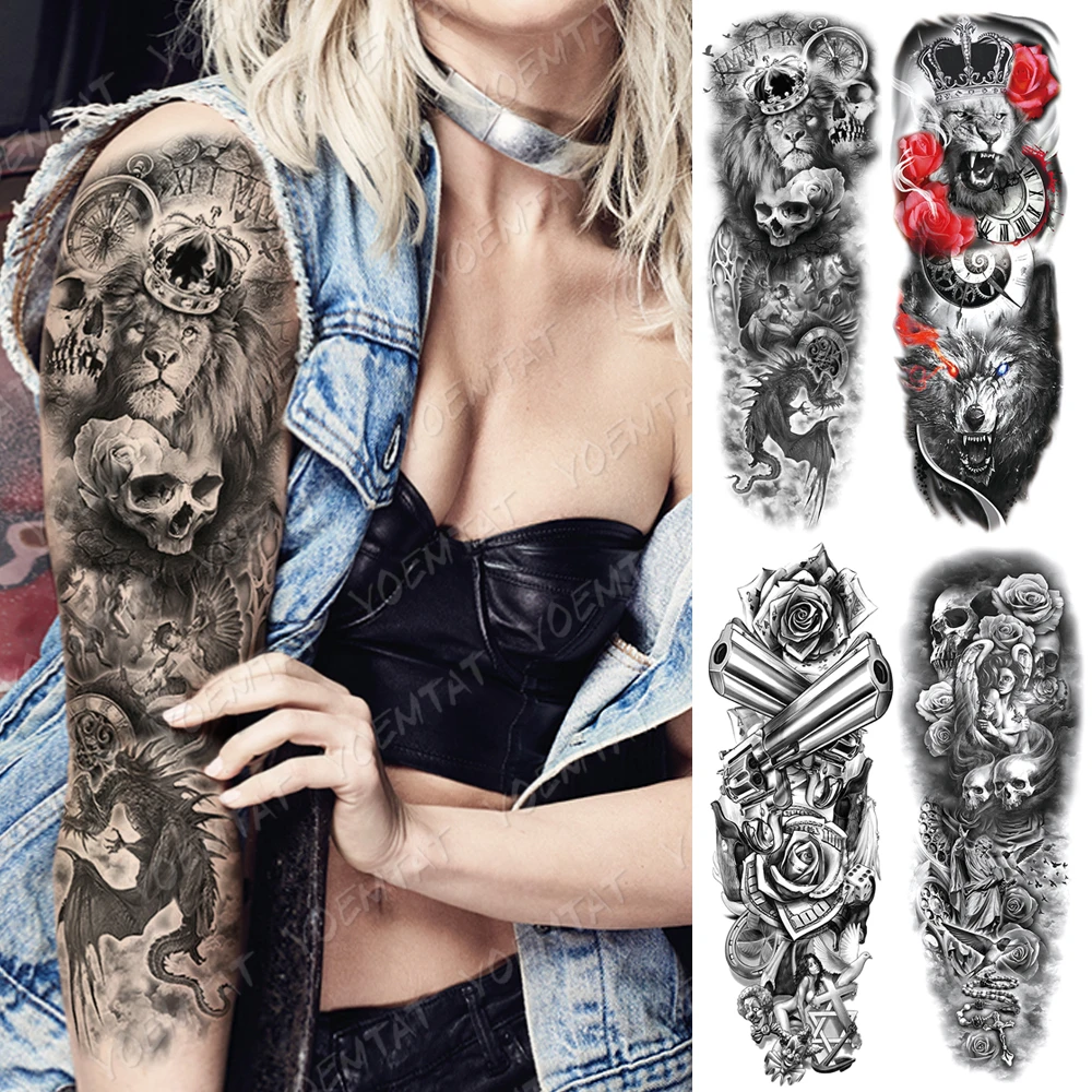 Large Arm Sleeve Tattoo Lion Gun Rose Crown Waterproof Temporary Tatto Sticker Mask King Body Art Full Fake Tatoo Women Men Temporary Tattoos Aliexpress