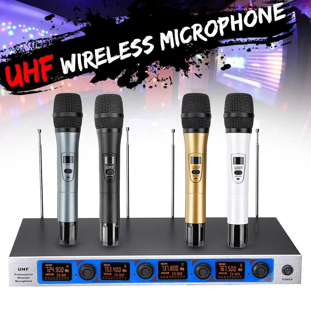 

4 Handheld UHF Wireless Microphone System Dynamic Professional 4 Channel Cordless for Karoke System KTV Speech Party