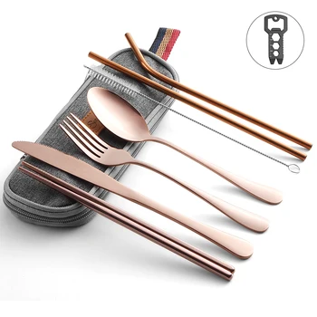 

Dinnerware Set Travel Camping Cutlery Set Reusable Silverware Set with Metal Straw Spoon Fork Chopsticks and Portable Case