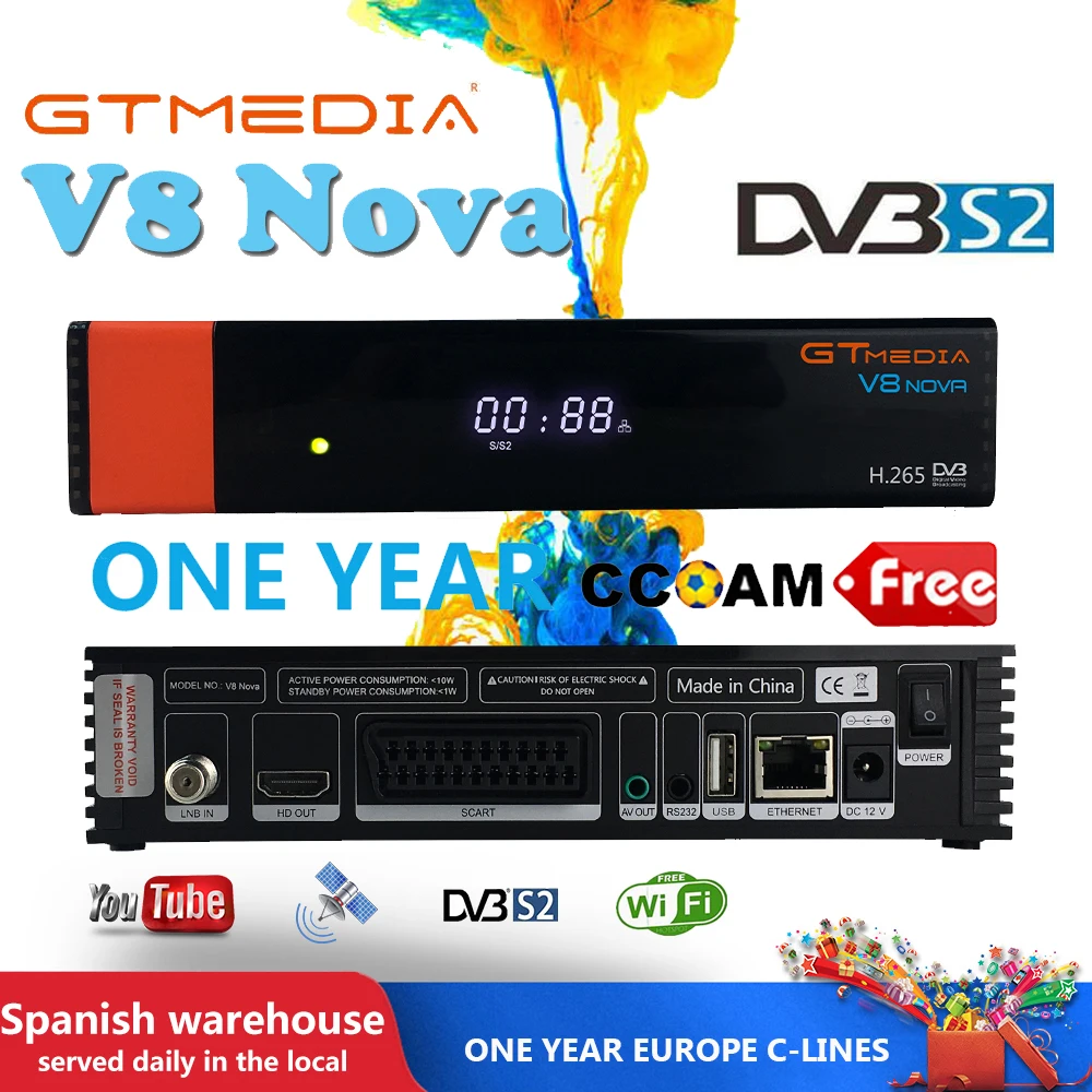 

V8 Nova freeset GT Media Satellite Receiver with 1 year cccam spain H.265 HD youtube dazn sport CCCAM Europe TV decoder