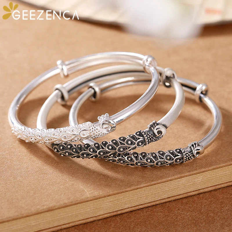 Vintage 999 Sterling Thai Silver Peacock Push-pull Bangle Bracelets Simple  Ethnic Bangles Resizable Fine Jewelry for Women Cute