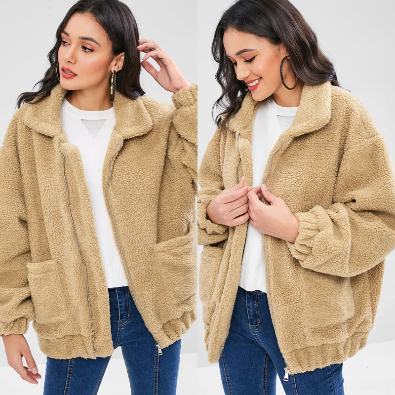 

Lalambswool Fleece Lapel Pocket Jacket New Style for Autumn and Winter Teddy Jacket
