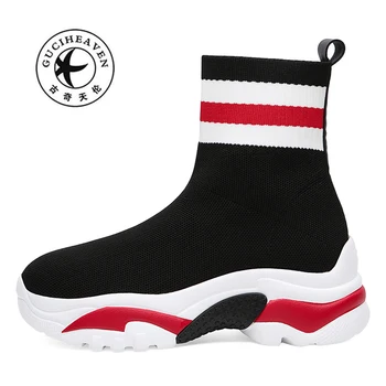 

2020 color matching women's socks shoes ankle boots round head flat high-top shoes waterproof platform elastic woven boots