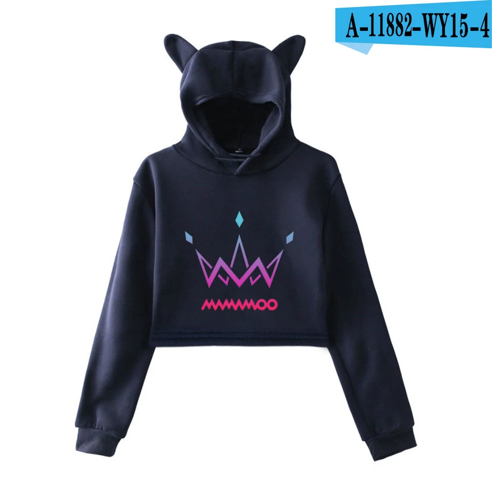 Kpop MAMAMOO фиолетовый топ с кошачьими ушками, худи, толстовка, женская одежда с милым принтом, сексуальная крутая повседневная Короткая Толстовка Harajuku - Цвет: navy