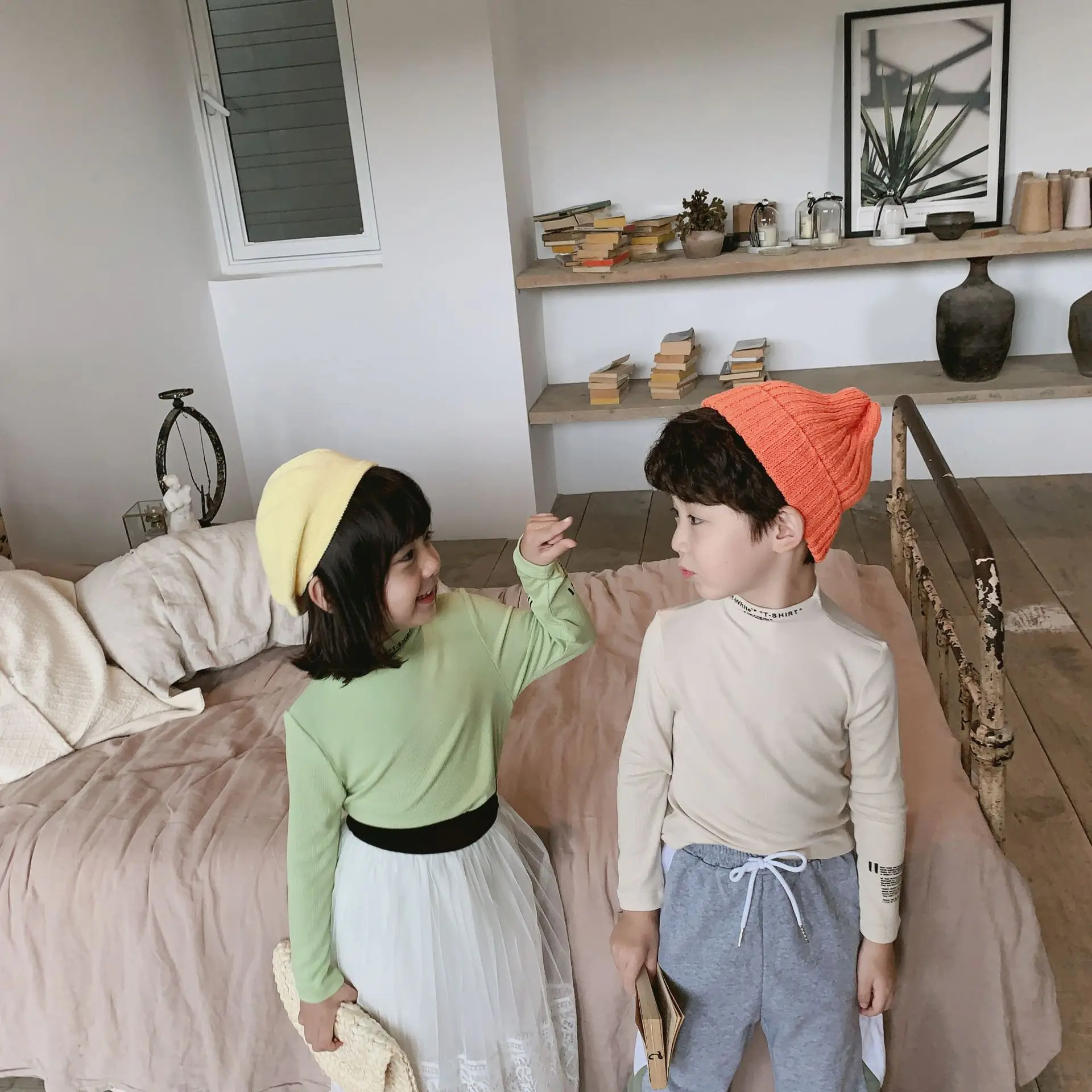 Korean style Autumn boys girls solid color letters T shirts kids pure cotton high collar Tops clothes | Мать и ребенок