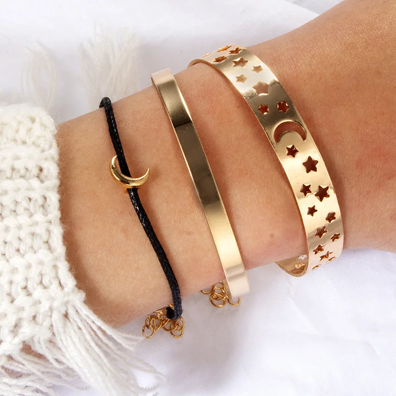 3 шт./компл. в богемном стиле ретро изысканный полые звезд, Луны и черной нитью в виде цвета: золотистый, Серебристый браслет набор Для женщин Модные украшения Аксессуары