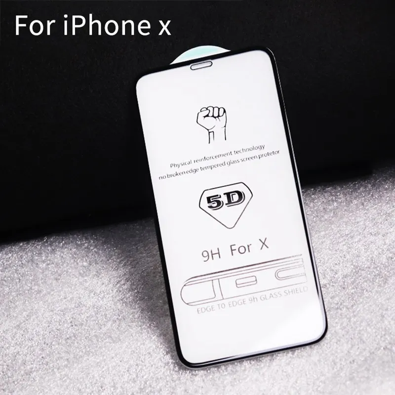5D полное покрытие из закаленного стекла протектор 9H для iPhone 8 7 6 Plus X XS XR MAX прозрачные защитные пленки 50 шт