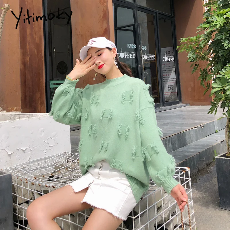 

women sweaters and pullovers oversized winter knit sweater women clothing 2019 korean Batwing Sleeve Tassel Solid O-Neck Casual