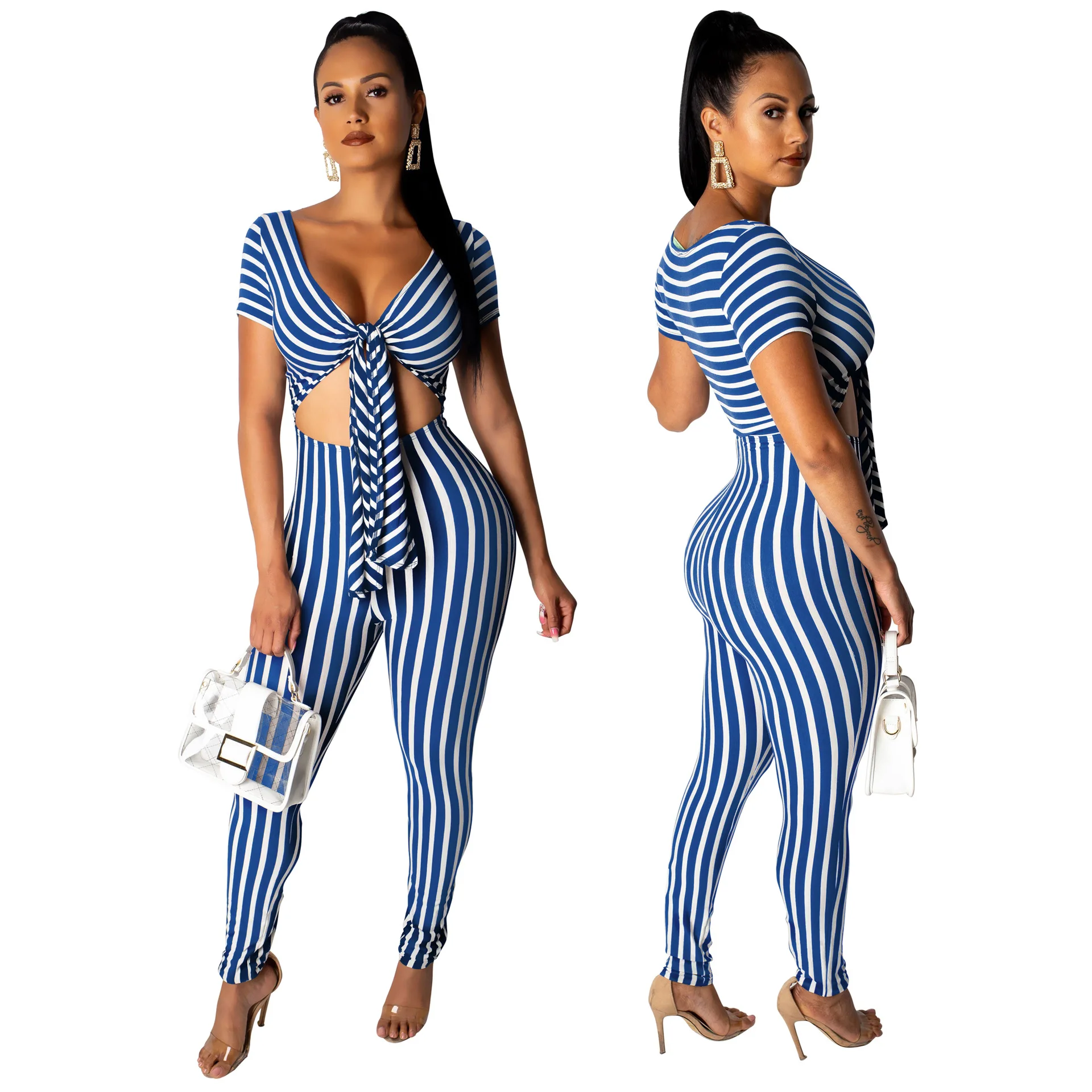 hot European and American sexy fashion dynamic striped women's jumpsuit trousers