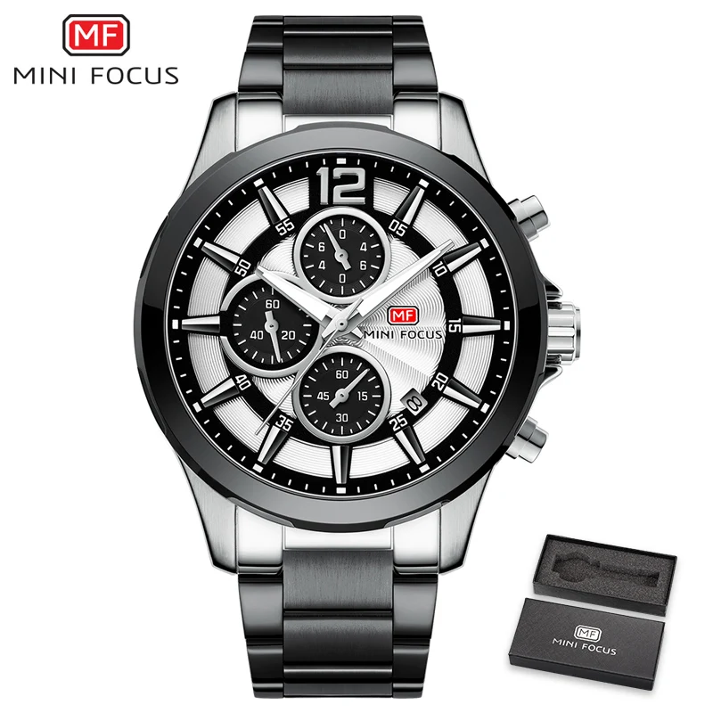 Black White MINIFOCUS Модные мужские s часы лучший бренд класса люкс кварцевые наручные часы со стальным ремешком многофункциональные спортивные часы с хронографом мужские часы - Цвет: Black White