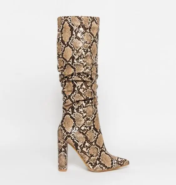 fashion woman colorful snake print chunky high heel pointed toe knee high boots woman