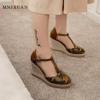 

MNIXUAN Fashion women pumps platform high heels spring 2020 new round toe ankle shoe female wedges snake print shoes big size 43