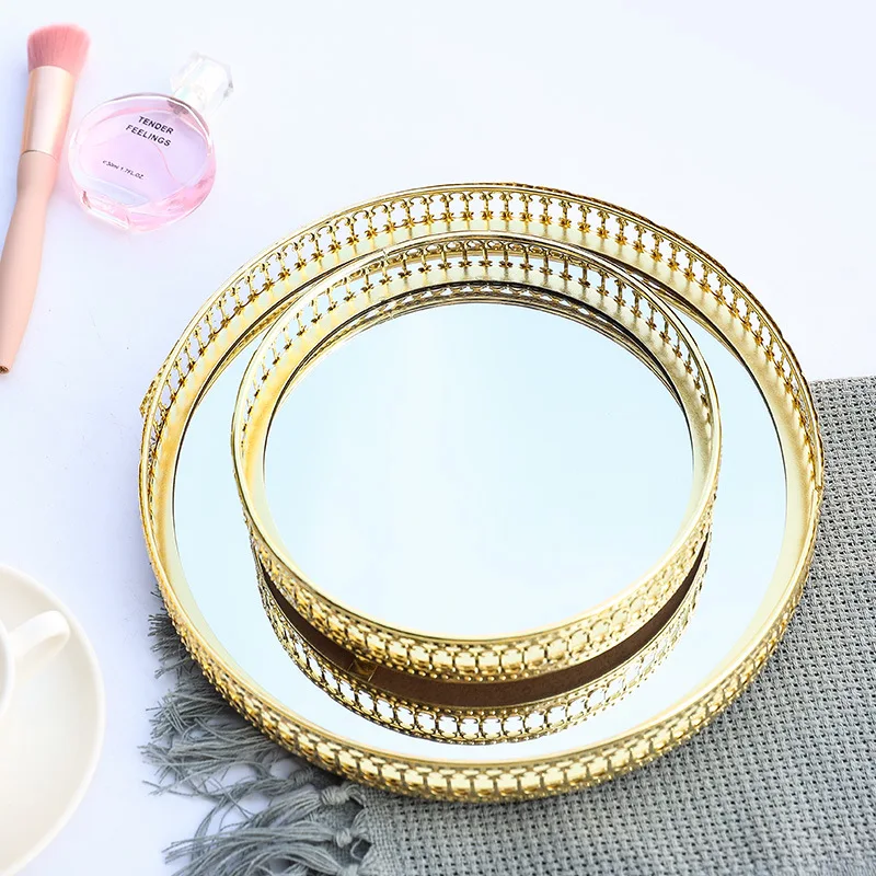 Luxury Golden Iron Delicate Glass Mirror Base Bedroom Desktop Jewelry Storage Tray Bedroom Desktop Cosmetic Decor Organize Plate 5