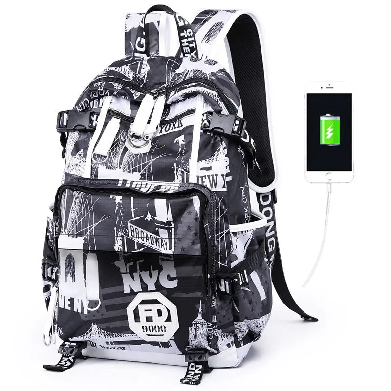 2 шт./компл. сумка Оксфорд водонепроницаемый школьный рюкзак для мальчиков для подростков мальчиков спортивный мужской рюкзак для путешествий Сумки зарядка через usb для мальчиков школьный - Цвет: BlackWhite NYC