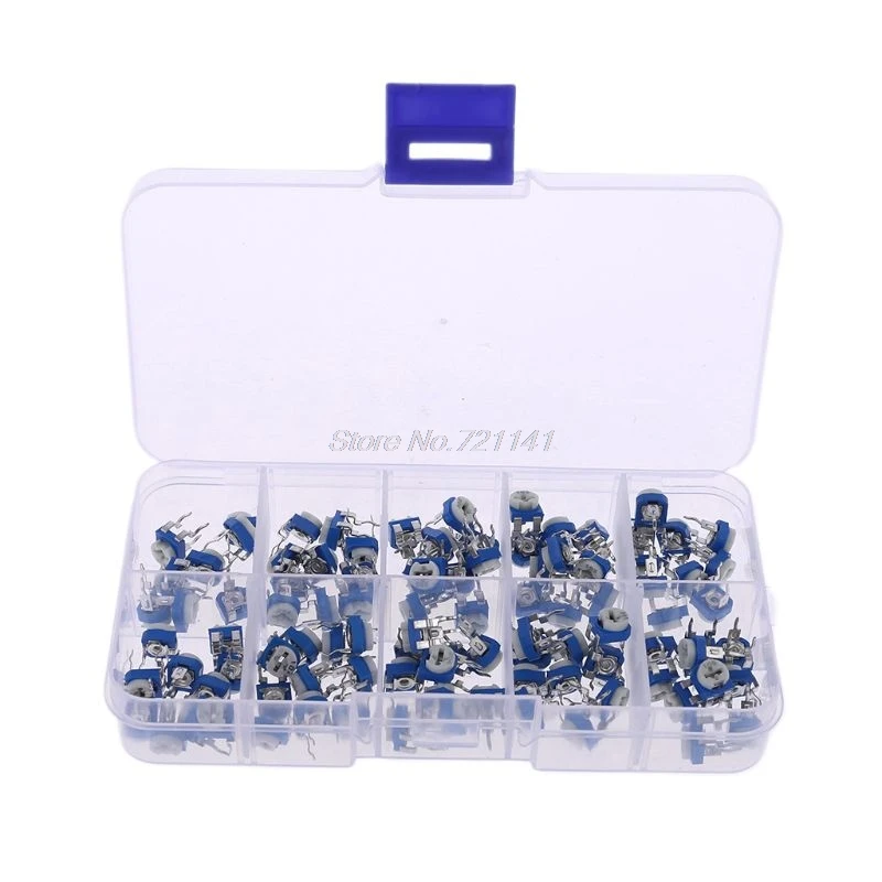 100Pcs/Box RM065 Carbon Film Horizontal Trimpot Potentiometer Assortment Kit 10 Values Variable Resistor 500R-1M