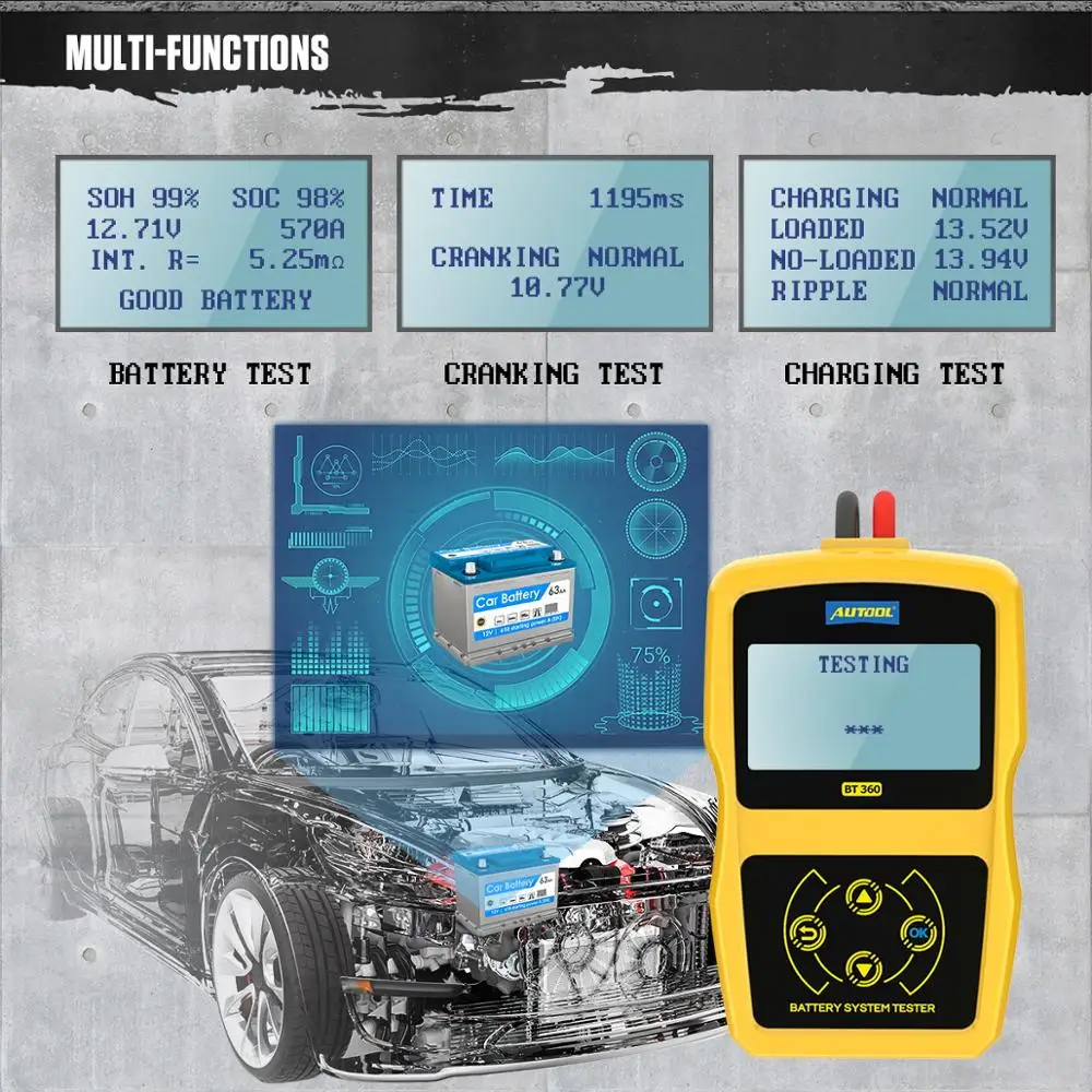 AUTOOL BT360 12V Auto Batterie Tester Digitale Automotive Diagnostic  Batterie Tester Analyzer Fahrzeug Ankurbeln Lade Scanner Tool - AliExpress