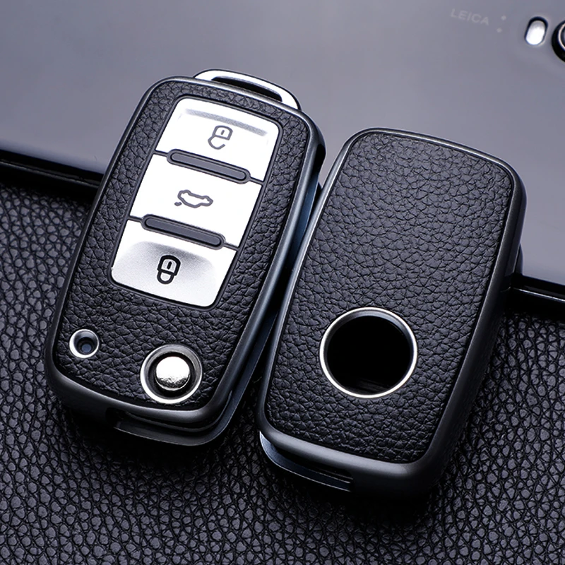 Leather Car Key Case Keys Full Cover Protection Shell Bag For Vw
