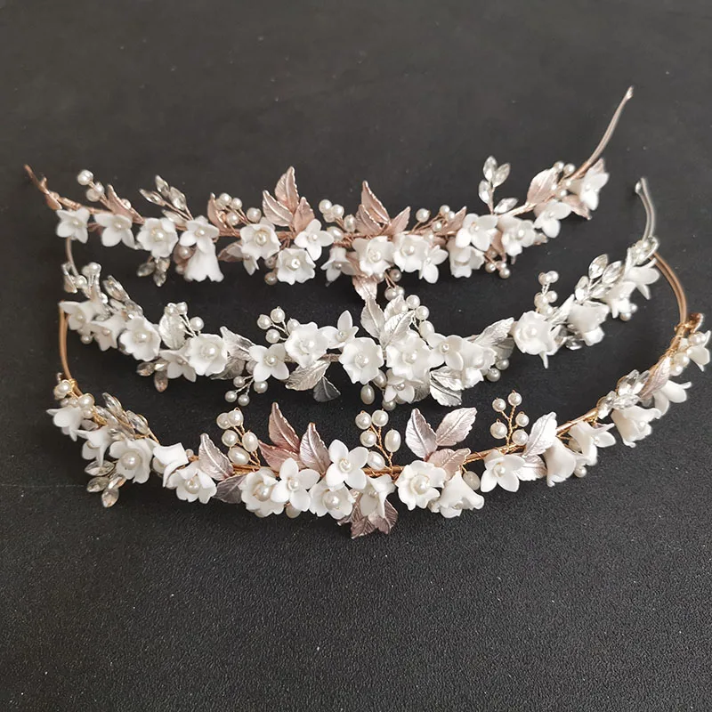 SLBRIDAL Handmade Luxury Alloy Leaf Rhinestones Pearls Ceram Flower Bridal Tiara Wedding Bridesmaids Crown Women Hair Jewelry