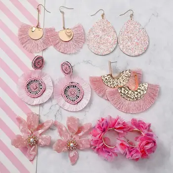 

Unique Pink Seed beads woven Tassel Earrings Exaggerated Resin Flower Statement Earrings All kinds of tassel Jewelry for women