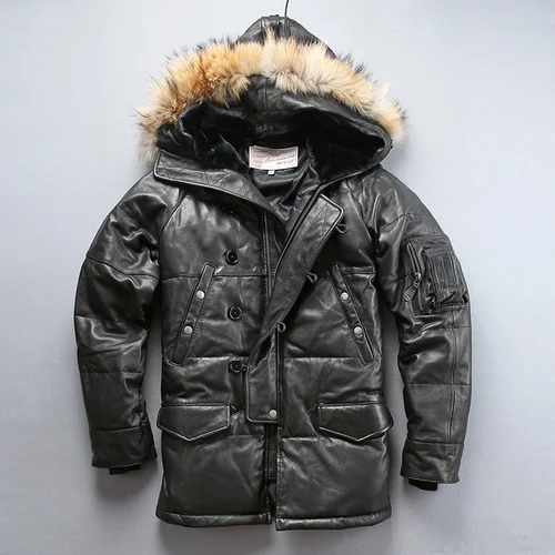 Male Genuine Leather Down Jacket Winter Real Fur Hooded Warm Duck Down Coat Male Large Capacity Thick Jacket DHL Free Shipping - Цвет: Vintage black
